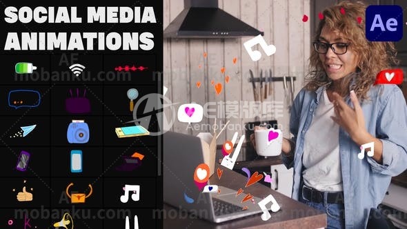 社交媒体可爱卡通贴纸动态演绎AE模板