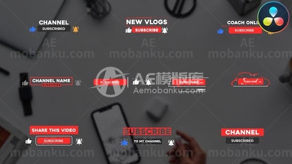 YouTube订阅文本标题按钮动态展示AE模板