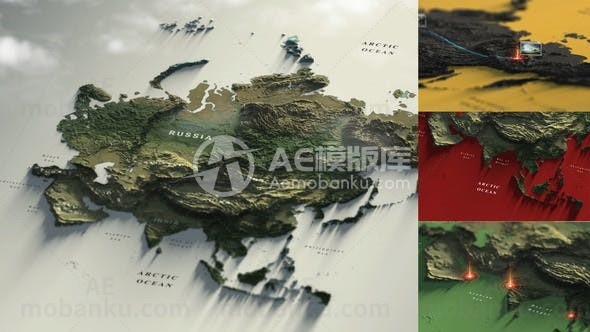 亚洲地图|俄罗斯|中国|印度地图动画AE模版