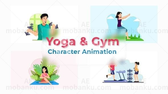 瑜伽和健身房角色动画场景包AE模板