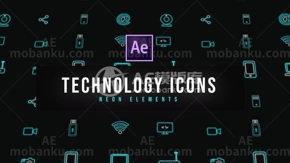 27332创意霓虹灯icon图标动画AE模板Tech Neon Icons | Resizable-AE模板库-数智分享平台