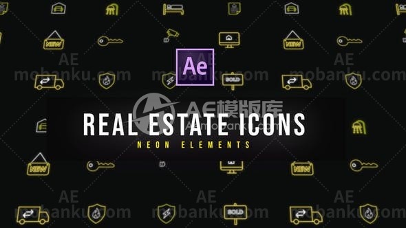 27333房地产霓虹灯图标AE模板Real Estate Neon Icons | Resizable