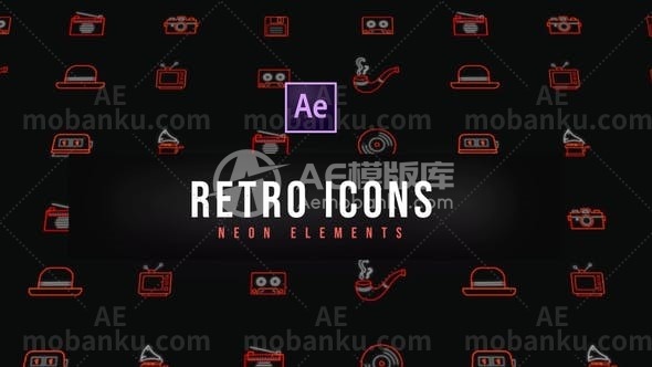 27338复古霓虹灯图标icon动画AE模板Retro Neon Icons | Resizable