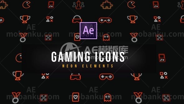 27340游戏霓虹灯图标AE模板Gaming Neon Icons | Resizable