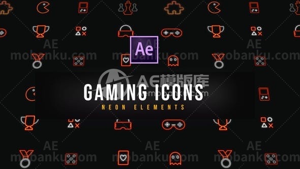 27340游戏霓虹灯图标AE模板Gaming Neon Icons | Resizable