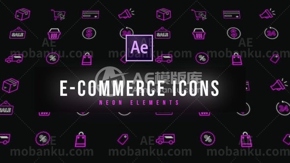 27345电子商务霓虹灯图标AE模板E-Commerce Neon Icons | Resizable