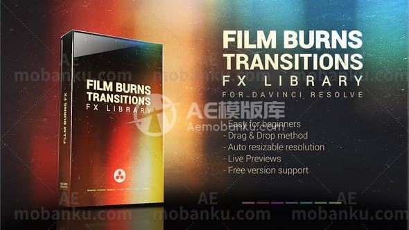 27498电影胶片燃烧特效转场过渡达芬奇模版Film Burns Transitions & FX Pack for DaVinci Resolve