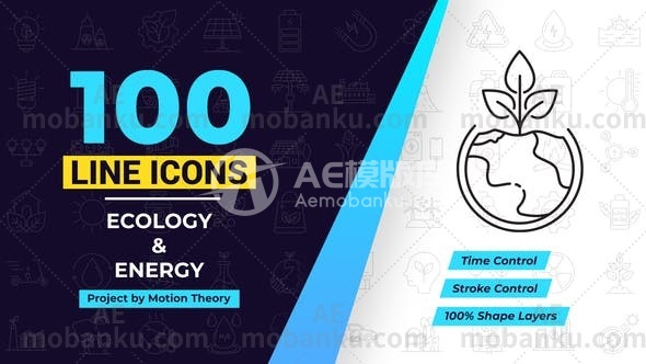 27551100生态和能源线图标动画AE模版100 Ecology & Energy Line Icons