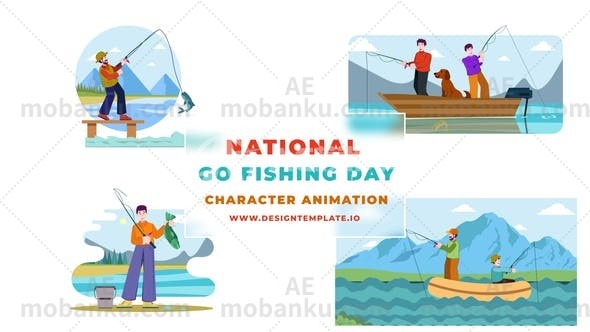 27606钓鱼日人物动画场景AE模版Fishing Day Character Animation Scene