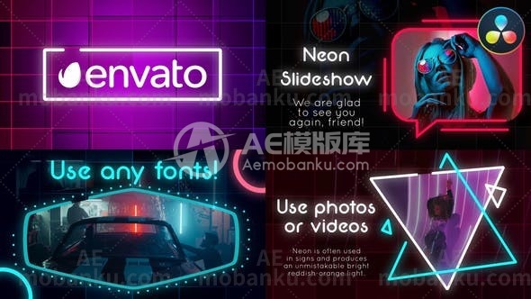 27853霓虹灯图文展示达芬奇模版Neon Slideshow for DaVinci Resolve