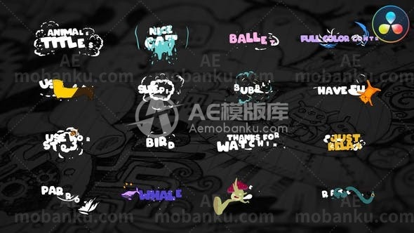 27905卡通动物文字标题动画AE模版Cartoon Animals Titles for DaVinci Resolve