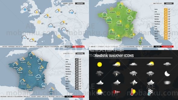 28115世界天气预报扁平化视频包装AE模版World Weather Forecast – Flat Map ToolKit