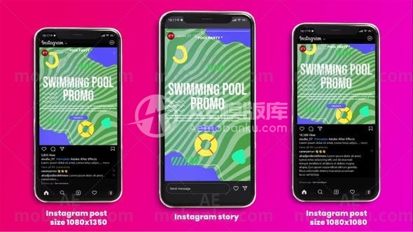 28267游泳池促销Instagram故事AE模版Swimming Pool Promo Instagram Story, Post (3 in 1)