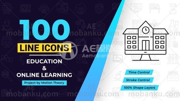 28304100在线学习线图标动画AE模版100 Online Learning Line Icons