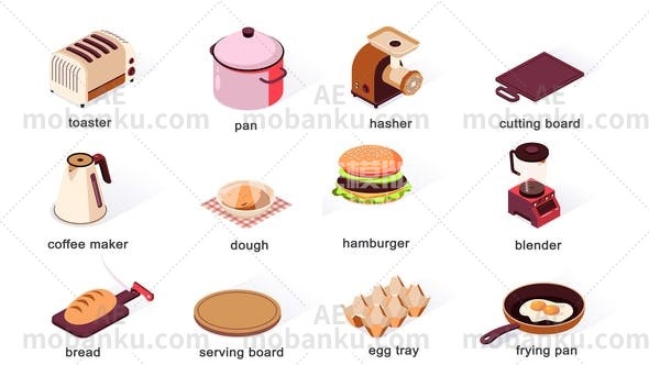 28381厨房用品-等距图标AE模版Kitchen items – Isometric Icons