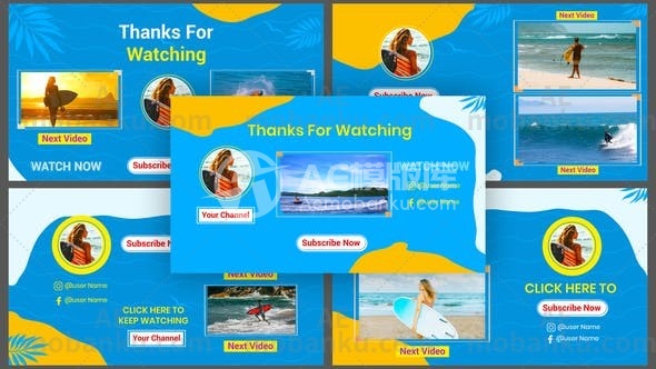 28636沙滩背景夏季冲浪动画AE模版Sea Beach Background Summer Surfing Youtube End Screen