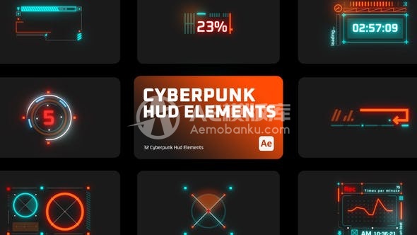 29089适用于Adobe After Effects的赛博朋克HUD元素模版