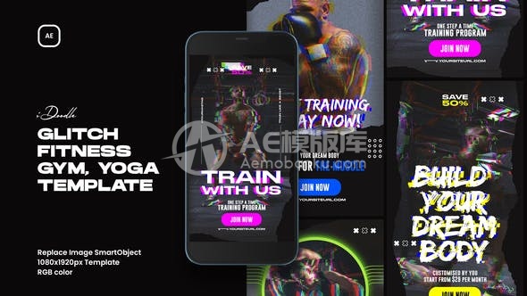 30309故障效果健身和健身房Instagram故事 AE模版