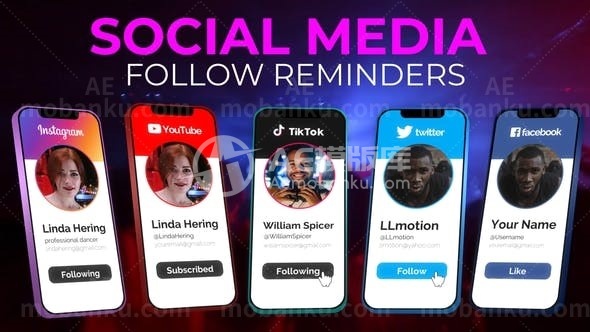 31095社交媒体关注提醒 – 3D手机 AE模版